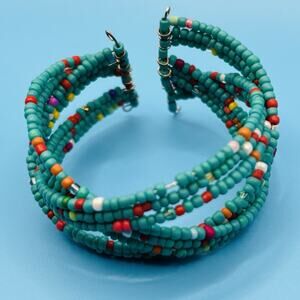 Blue Multicolor Multi Beads Beaded Wire Coil Braided Cuff Bracelet 6" Boho